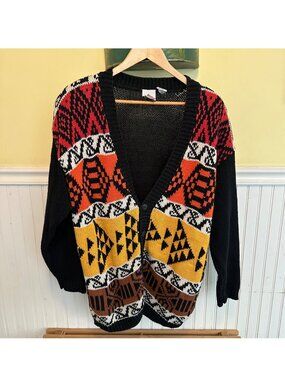 Vintage Canteen Womens Oversized Cardigan Sweater Geometric Pattern Black/Yellow